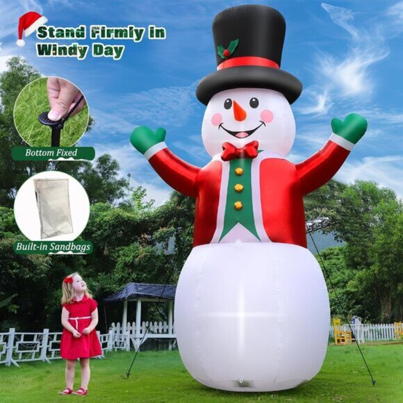 ⚡12FT Christmas Inflatable Snow Man Wear Magic Hat & Red Suit Outdoor Decoration - Picture 5 of 6